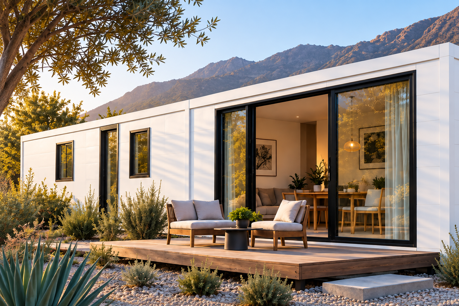 Residencia modular blanca abierta hacia un jardín de vegetación nativa