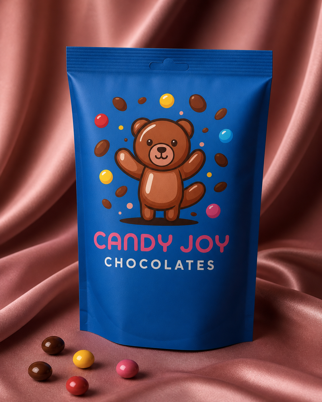 Bolsa azul de chocolates Candy Joy sobre seda rosa ahumada