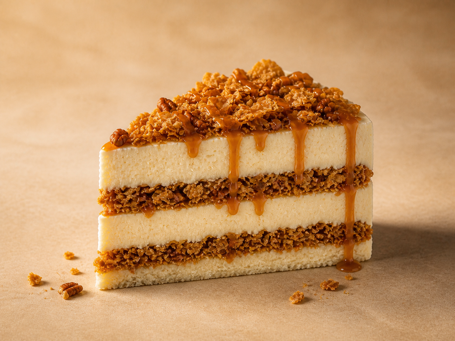 Rebanada de pastel de vainilla con caramelo, nuez y hojuelas crujientes